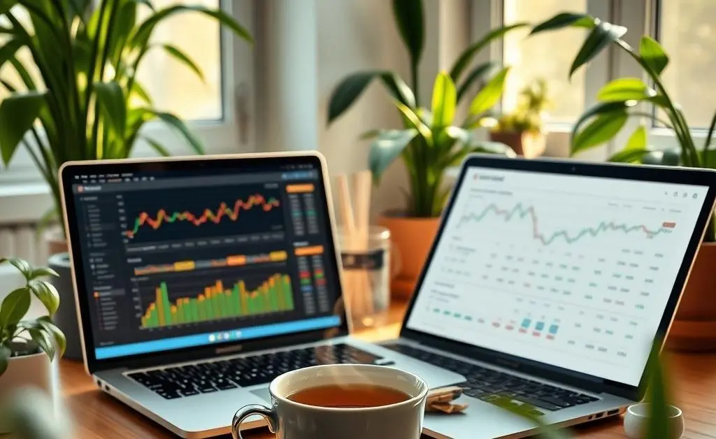 A serene home office setup with plants, a laptop showing a financial investment dashboard, and a cup of tea