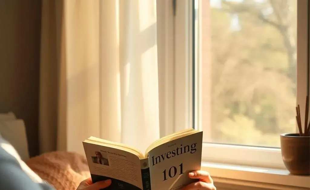 A peaceful scene with a person reading a book titled 'Investing 101' beside a window with sunlight streaming in.