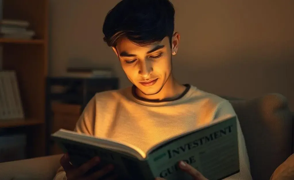 A peaceful scene of someone reading an investment book with calming lighting.