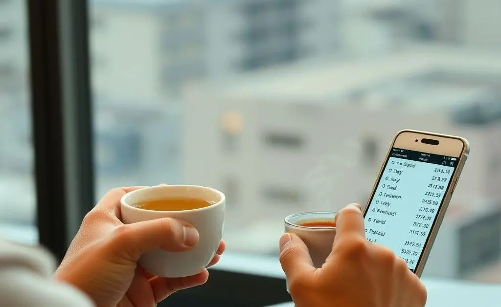 Person sipping tea, viewing stock numbers, representing a thoughtful approach to investing.