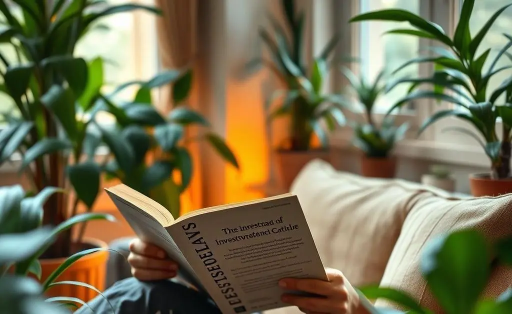 A peaceful room setting with a person reading an investment guidebook, surrounded by plants and a warm cup of tea.
