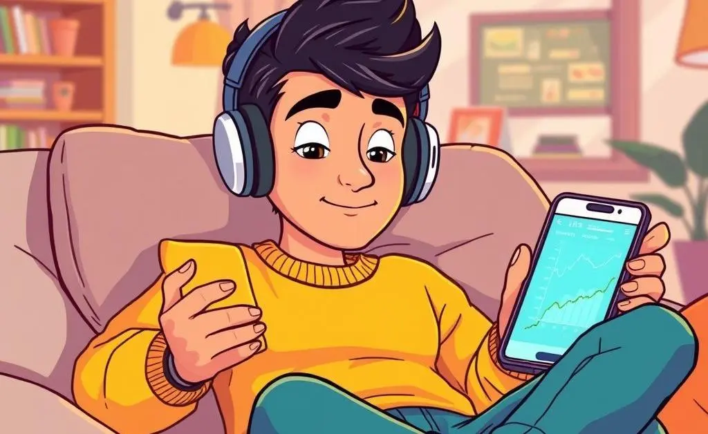 Cartoon-style image of a person relaxing with headphones on, managing investments on their phone