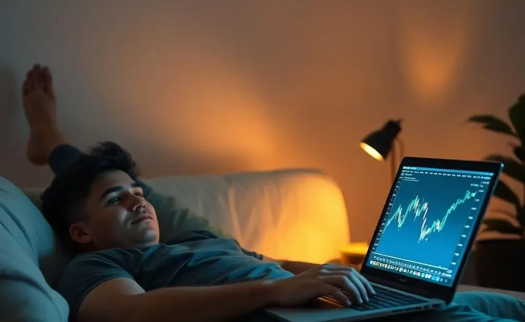 Relaxed person with a laptop showing stock charts, surrounded by calm aura.
