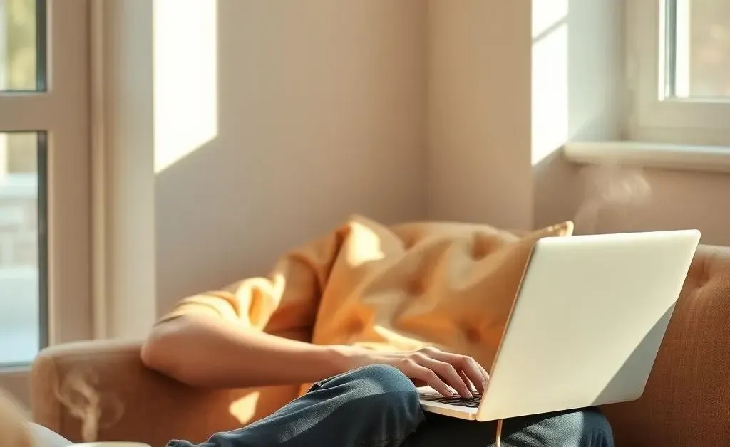 A person sitting calmly with a laptop and a cup of coffee, symbolizing relaxed and mindful investing