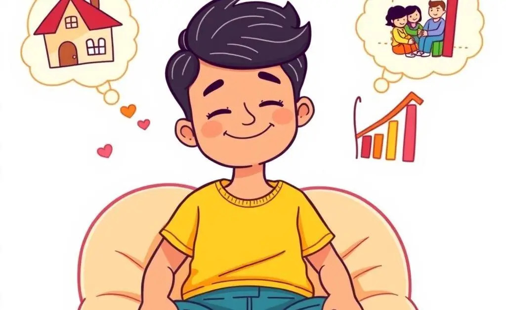 Relaxed person with thought bubbles of a house, family, and growth charts