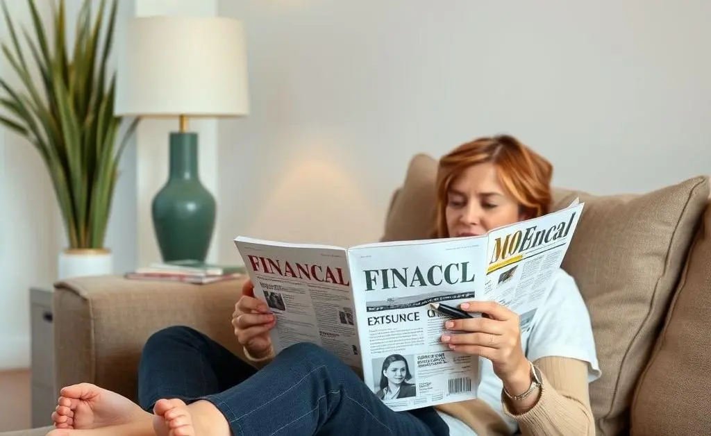A serene setting with a person relaxed on a couch, reading a financial magazine.