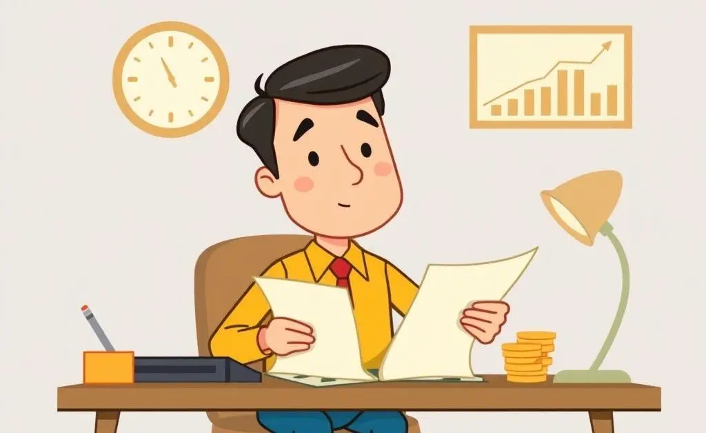 A serene person sitting at a desk reviewing financial investments