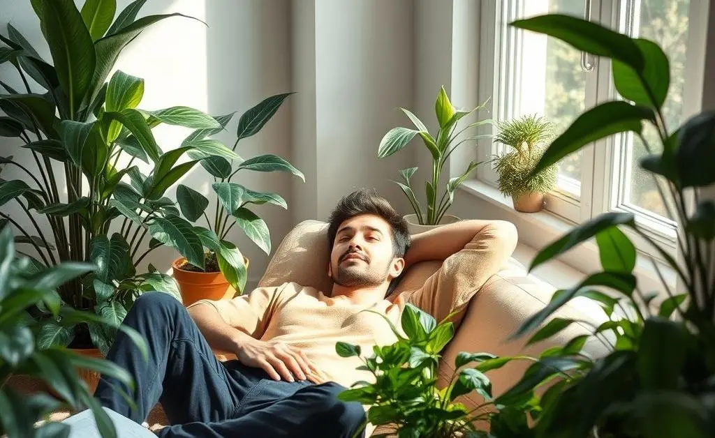 A serene scene of someone relaxing with financial documents and plants.