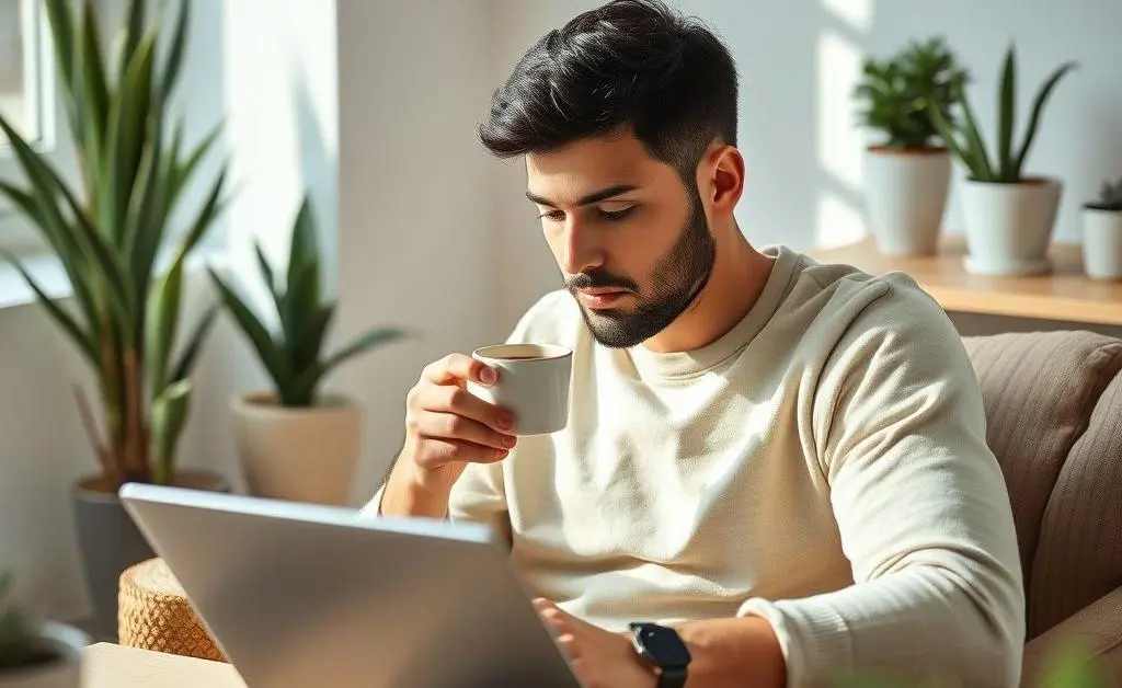 A calm scene of someone sipping coffee while reviewing their investments on a laptop.