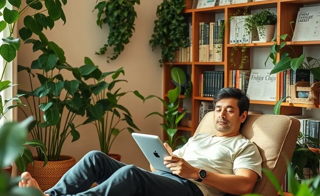 A person relaxed in a cozy room with a tablet and finance books.