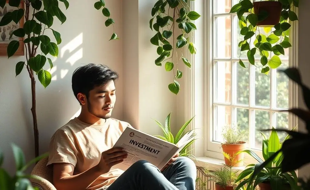 A relaxed person reading an investment book by a sunny window with plants around