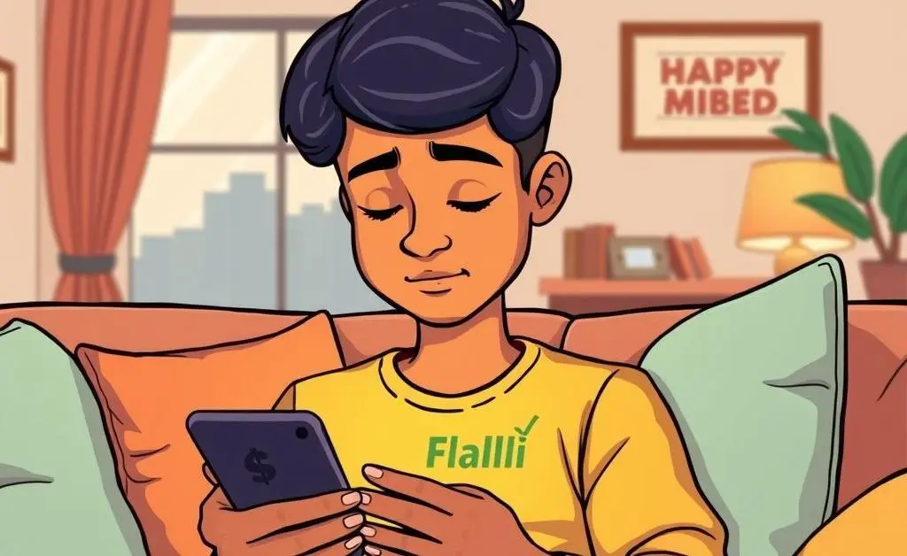 A person reviewing investments on their phone in a cozy living room