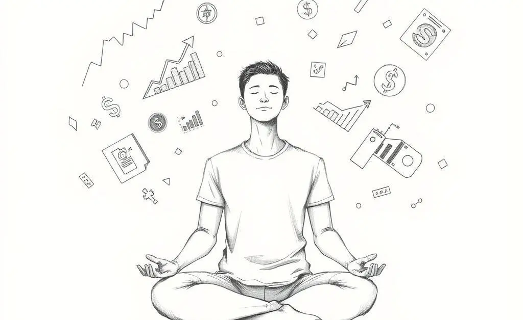 A hand-drawn image of a person sitting calmly with investment symbols