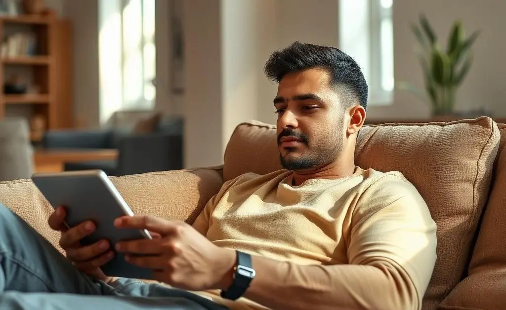 Person relaxing on a couch, browsing investment apps on a tablet with a calm expression