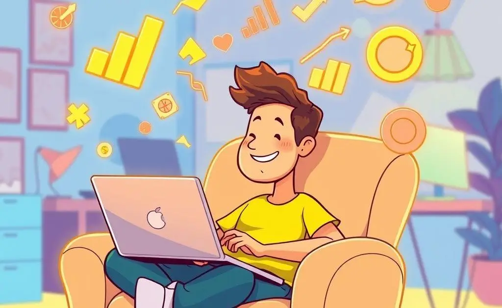 Person relaxed with investment icons floating