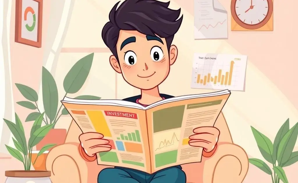 Person reading investment magazines in calm setting