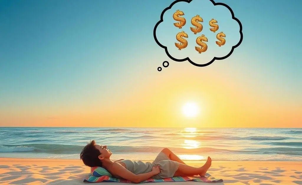 A peaceful beach scene with dollar signs in a thought bubble