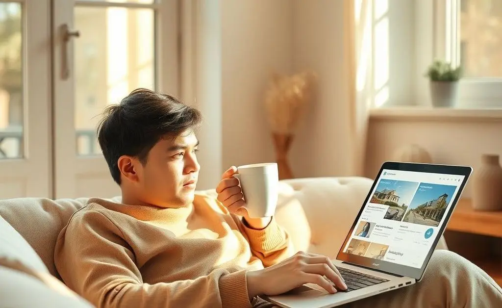 Person relaxing with coffee, watching property listing on laptop.