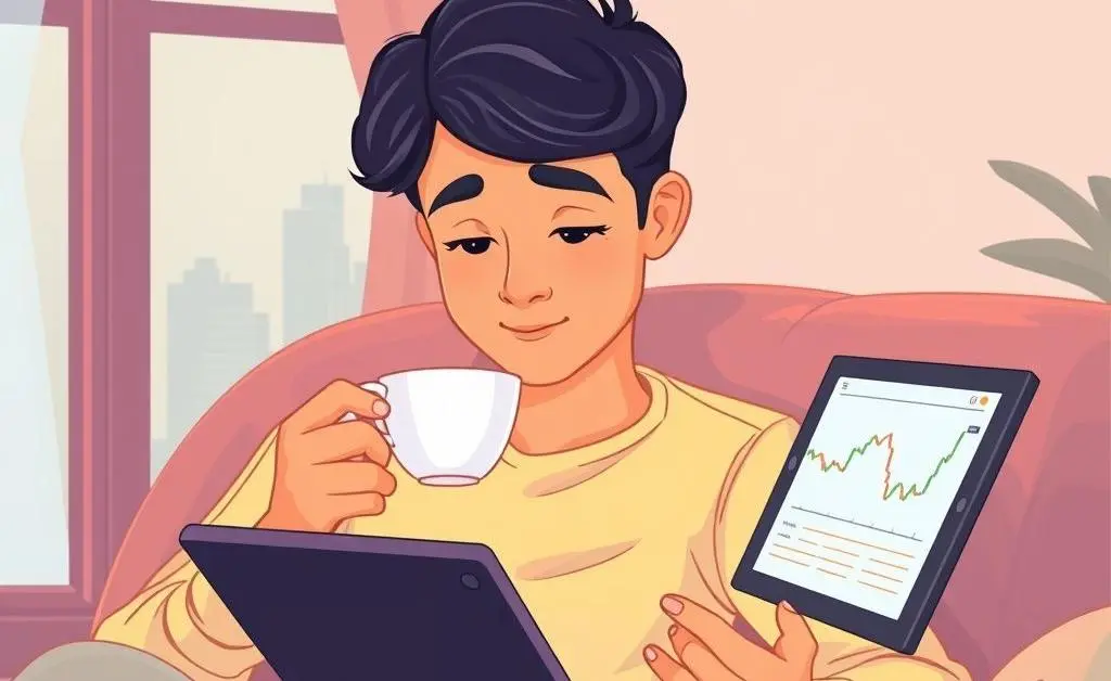 A person calmly reviewing stock investments with a cup of tea, cartoon style