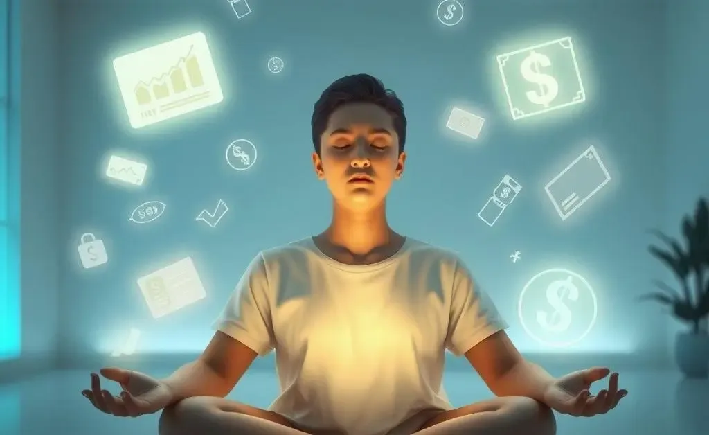 Person meditating with stocks and bonds icons.