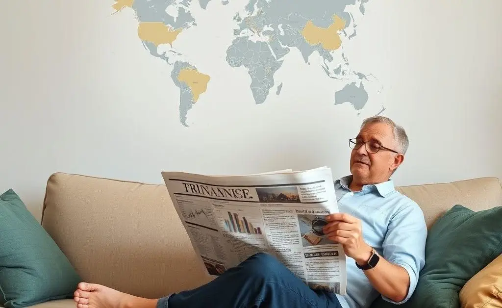 Person with financial newspaper and world map on wall