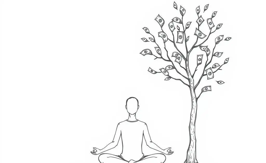 Minimalist drawing of a person meditating with money growing on a tree.