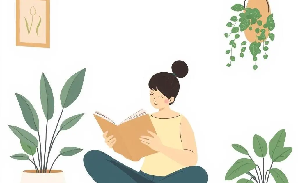Person enjoying a book in a minimalist room with plants
