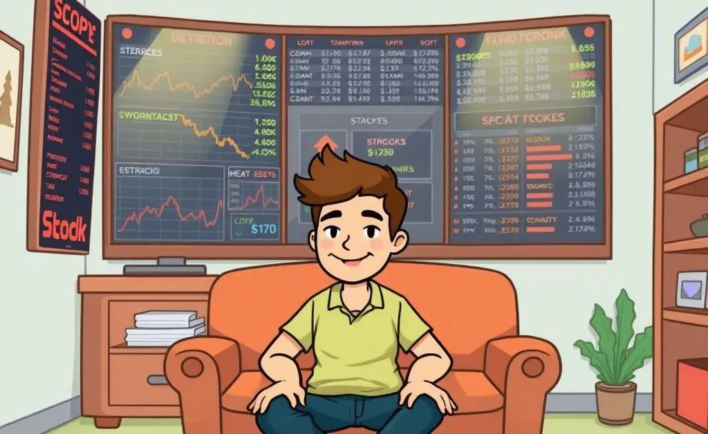 A cartoon-style person calmly learning about investments
