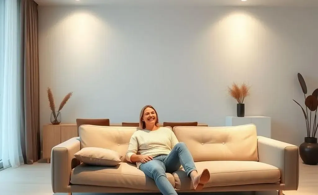 A person smiling while sitting on a couch, enjoying a minimalist room