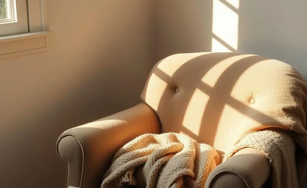 A quiet corner with a comfortable chair, a blanket, and an open book.