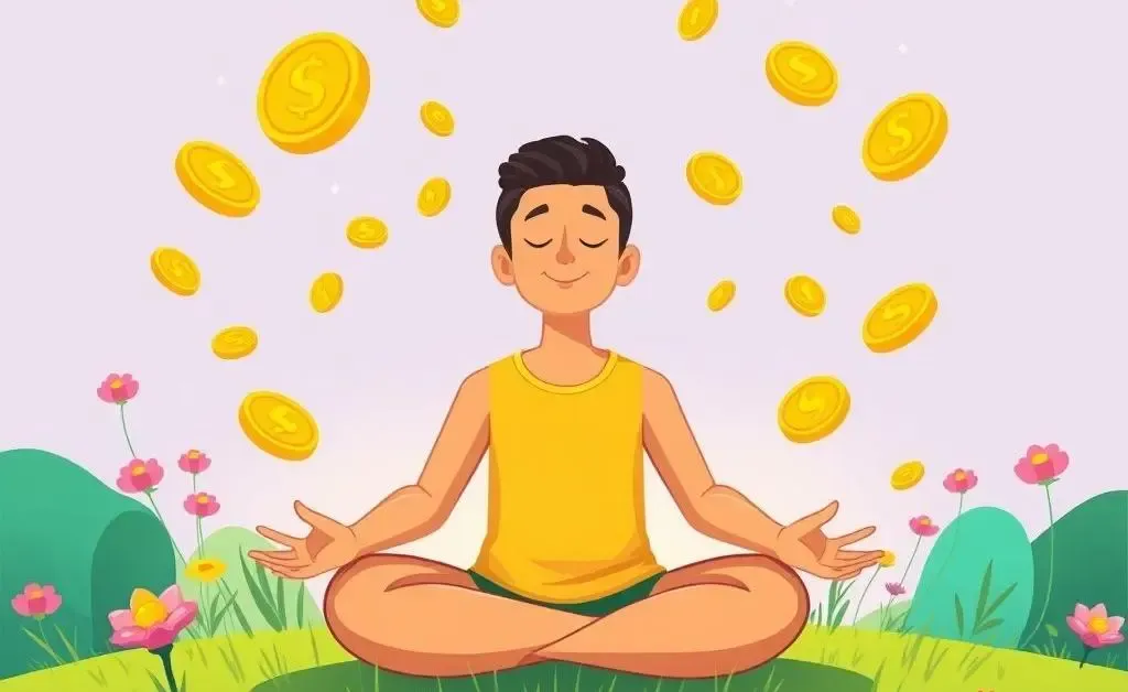 A serene person meditating with floating coins.