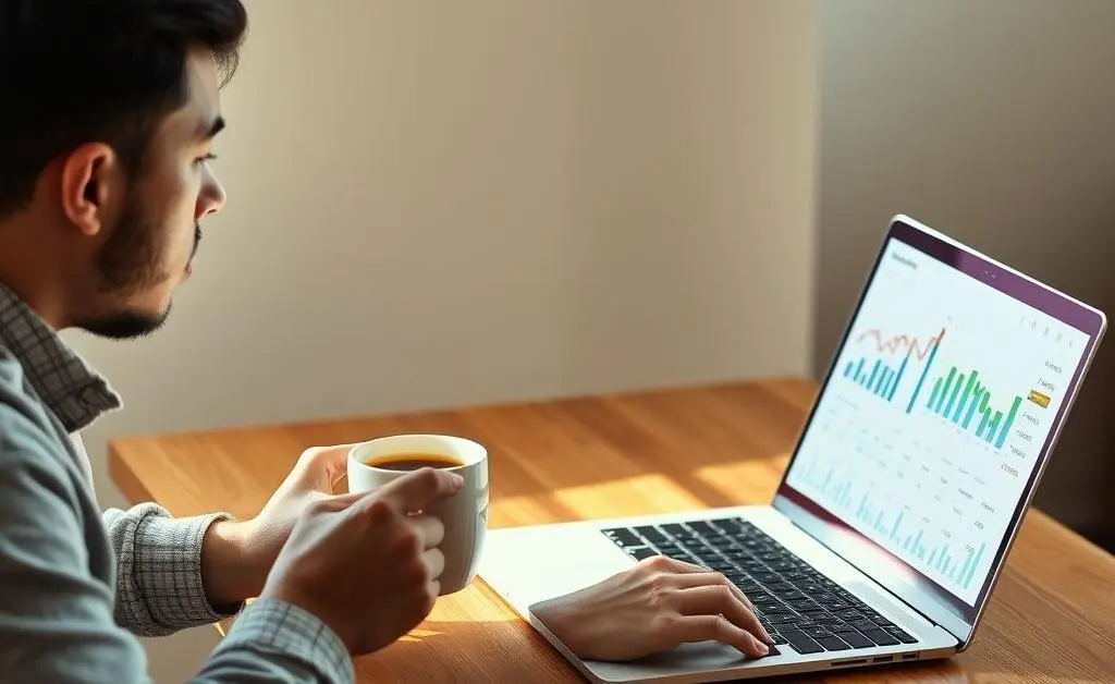 A person sitting calmly with a cup of coffee, reviewing investment portfolios on a laptop.