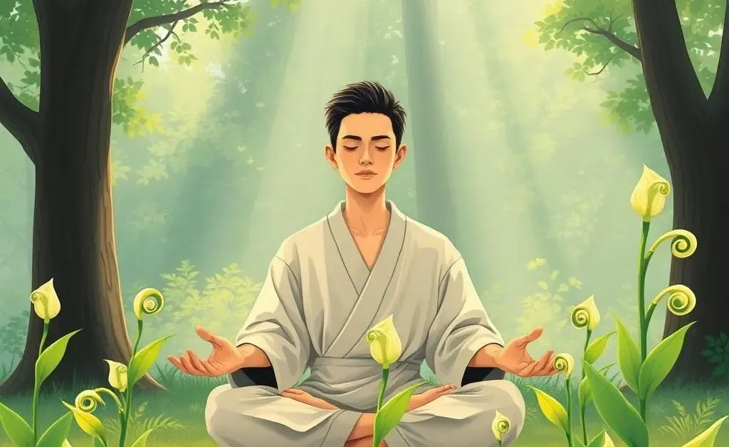 A relaxed person meditating next to growing money plants.