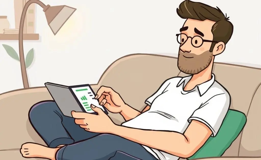 Relaxed person sitting on a couch, using a tablet to check financial investments in cartoon style