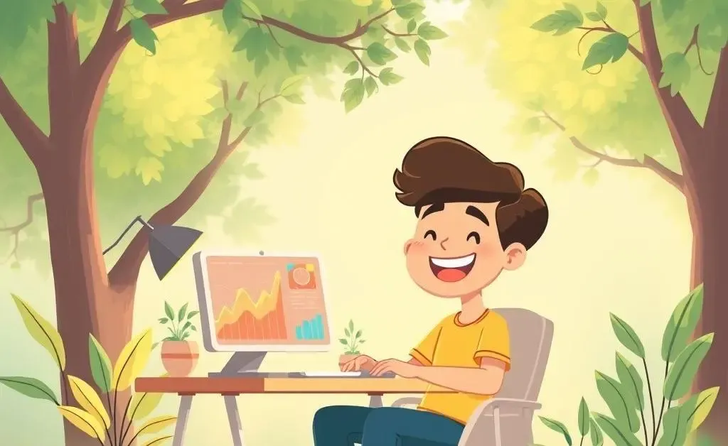 A calm cartoon scene of investing online