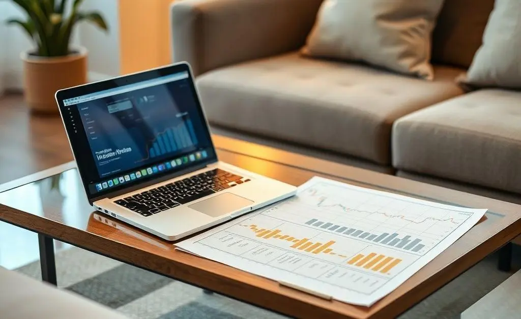 A peaceful scene with a laptop and investment charts on a coffee table