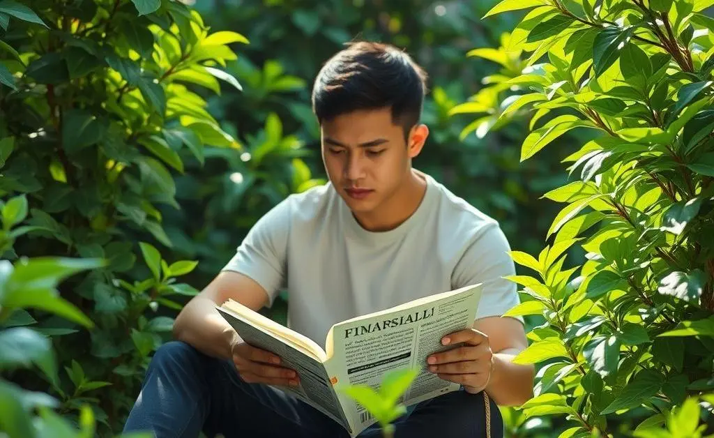 A person sitting calmly in a garden, reading a financial book about investing.