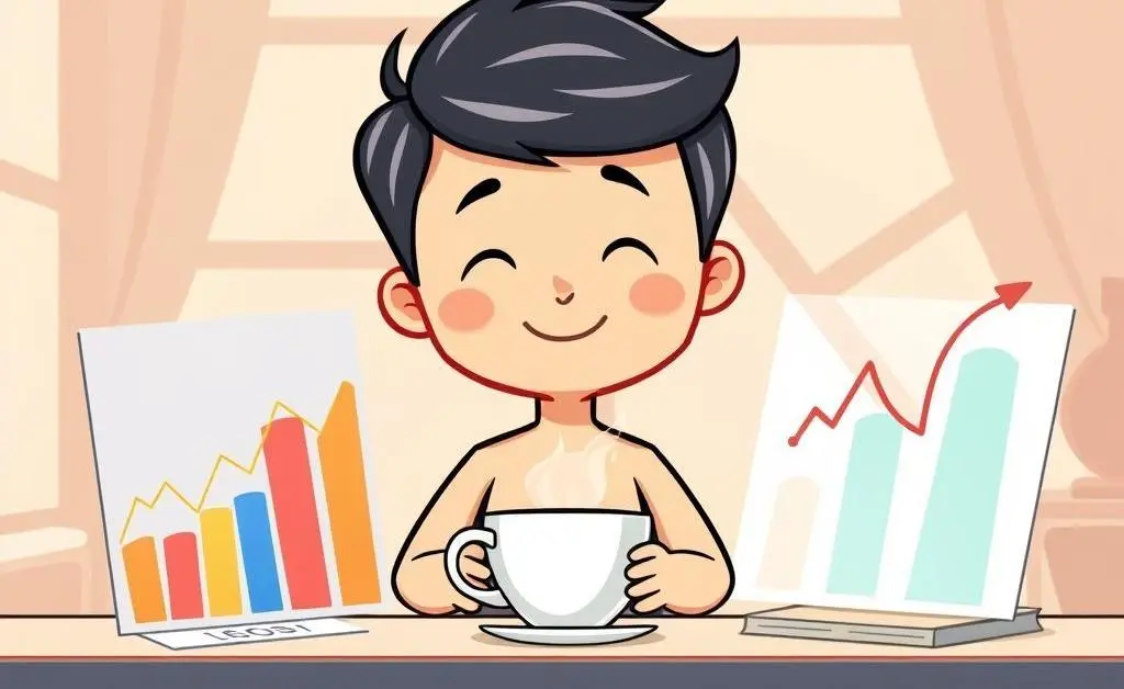 Person feeling calm and relaxed with investing charts and tea.