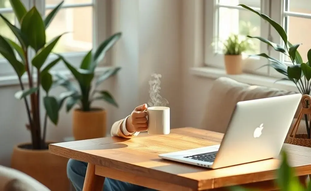 A person sitting calmly with a cup of coffee and laptop, illustrating a relaxed approach to investing.