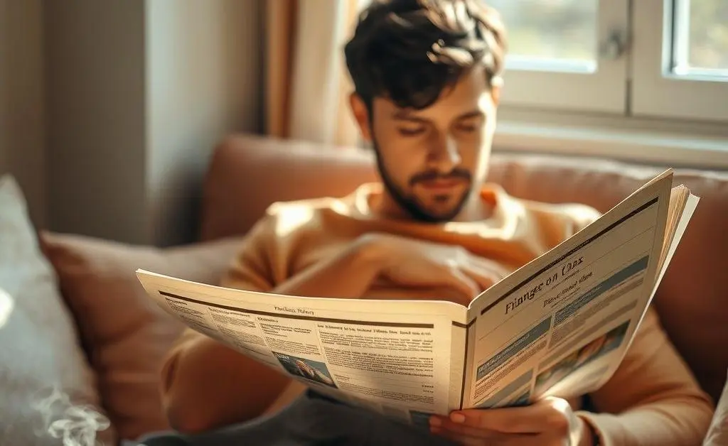 A relaxing scene of a person reading a financial magazine with a cup of tea