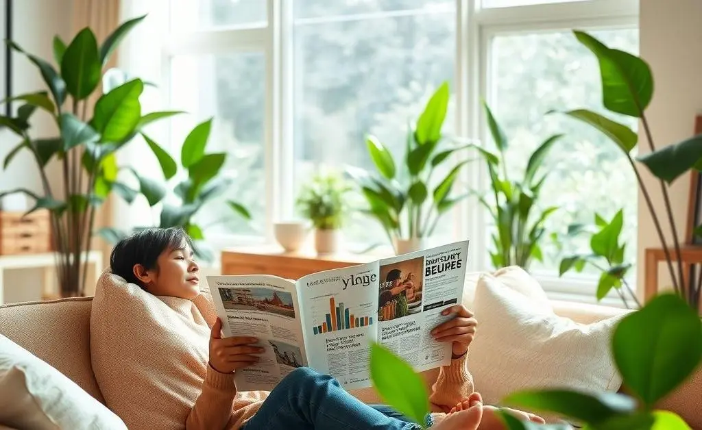 Person reading an investing magazine on a sofa