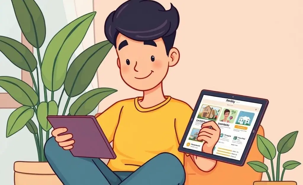 A relaxed person with a plant beside them, scrolling through home listings on a tablet in a cartoon style.