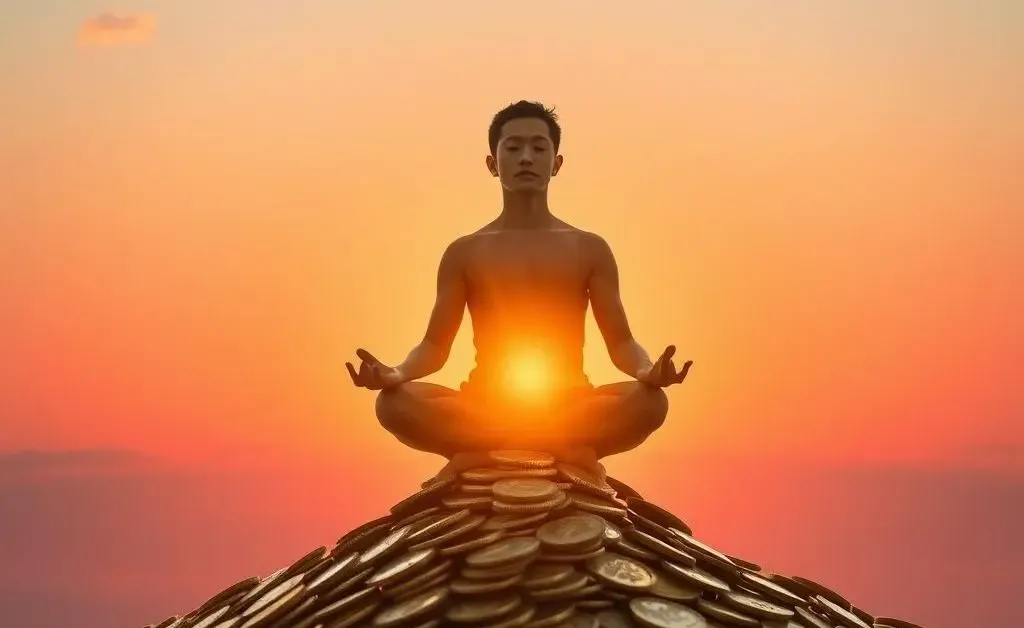 Peaceful scene of a person meditating on top of a pile of coins, with a rising sun in the background.