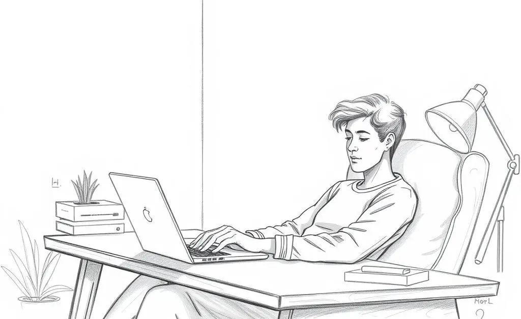 Hand-drawn image of a person relaxing with a laptop, looking at financial planning tools