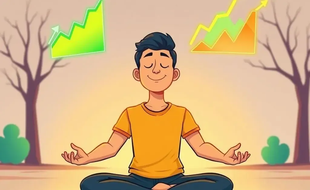 A person meditating blissfully surrounded by financial symbols