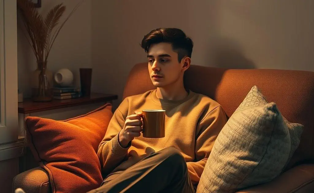 A person sitting calmly with a cup of coffee contemplating in a small, cozy living room.