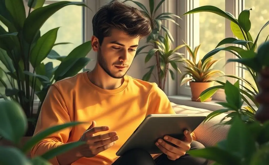 A person reviewing mortgage offers on a tablet surrounded by plants.