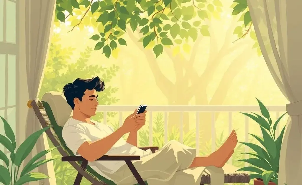 Illustration of a serene scene with a person relaxing and checking investments on their phone