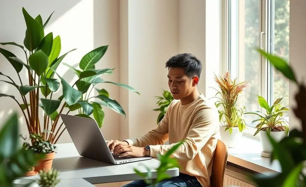 A person sitting calmly, presumably investing, surrounded by plants and a laptop.