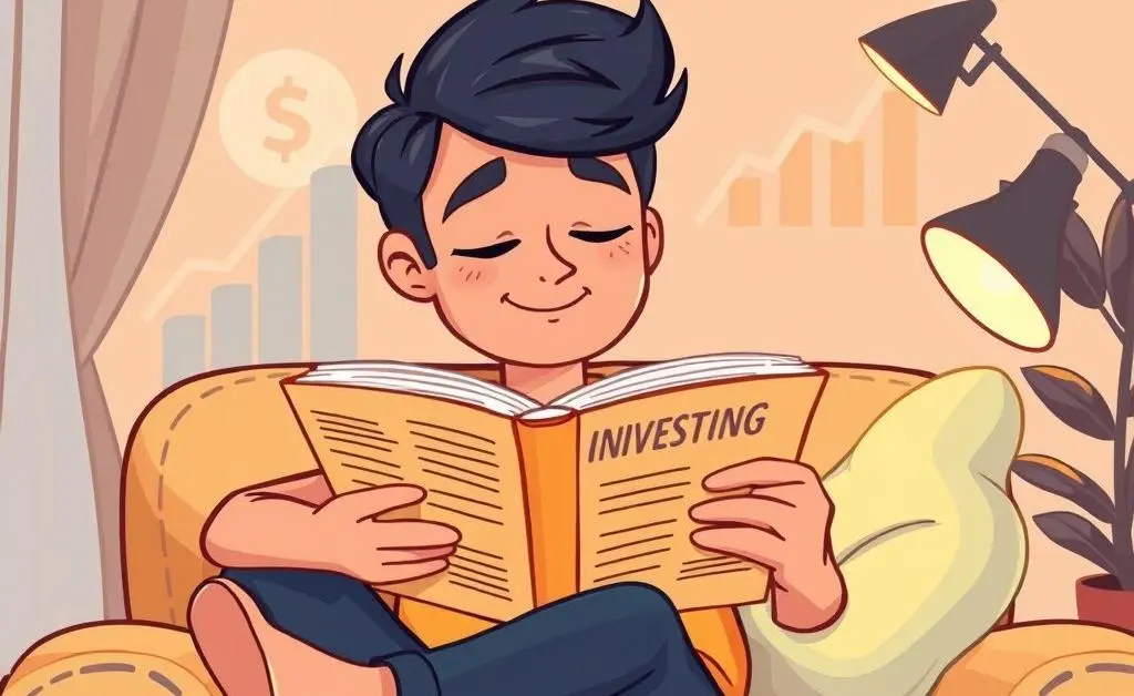 A cartoon image of a person relaxing with a book on investing